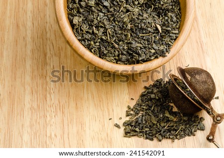 green tea, dried leaves with filter, on wooden background