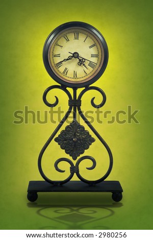Old fashioned looking clock against a colorful background