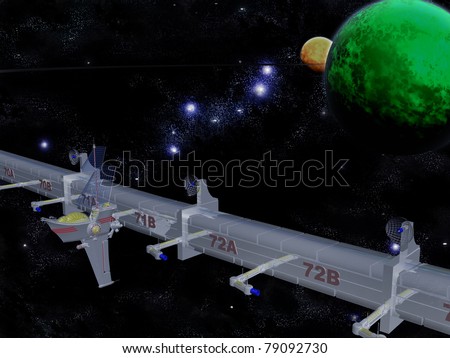 The starship spaceport orbiter boat vehicle dimness macrocosm nebule space outer universe cosmos opera fantasy spacetravel wandering voyage orbit; track star planet starship port moon satellite body