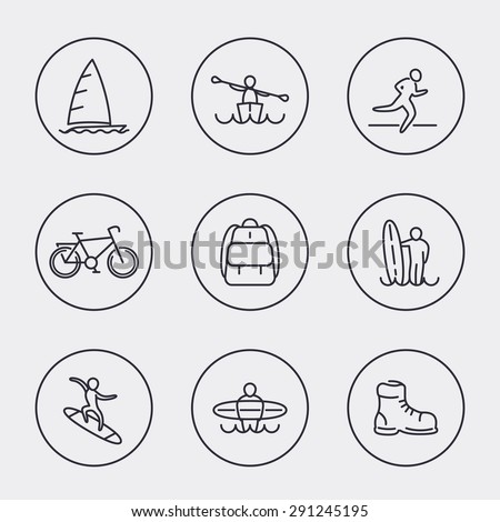 Travel, adventure, surfing, line round icons, vector illustration, eps10, easy to edit