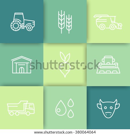 Agriculture, farming line icons, tractor, harvest, agriculture signs, cattle, agricultural machinery, farming icons, vector illustration