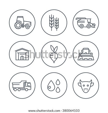 Agriculture, farming line icons in circles, tractor, harvest, cattle, agricultural machinery icons, vector illustration