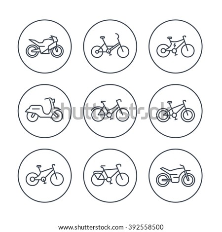 Bikes line icons, bicycle, cycling, motorcycle, motorbike, scooter, electric bike, isolated icons, vector illustration