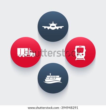 transportation industry icons, cargo train vector, air transport, cargo ship, cargo truck icon, transportation pictograms, round icons, vector illustration