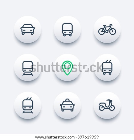 City and public transport round modern icons, public transportation icons, bus, subway, taxi, public transport pictograms, thick line icons set, vector illustration
