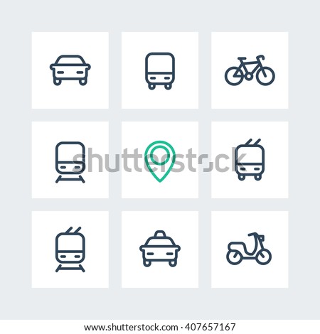 City and public transport icons on squares, public transportation vector icons, route, bus, subway, taxi, public transport pictograms, thick line icons isolated on white, vector illustration