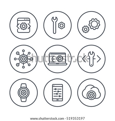 development, engineering, configuration line icons in circles for apps and web