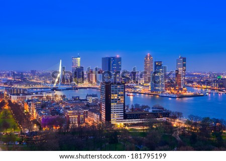 Rotterdam skyline at twilight as seen from the Euromast tower, The Netherlands