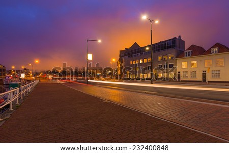 Street with Car Light Strips at Dusk, Delft, The Netherlands.