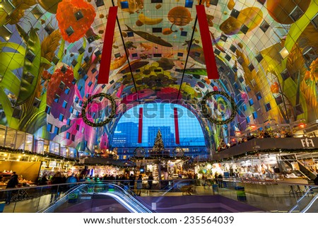 ROTTERDAM, THE NETHERLANDS - DECEMBER 5, 2014: Interior view of the new Market Hall, located in the Blaak district, decorated for Christmas.