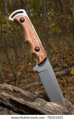 hunting knife in an autumn forest in a log
