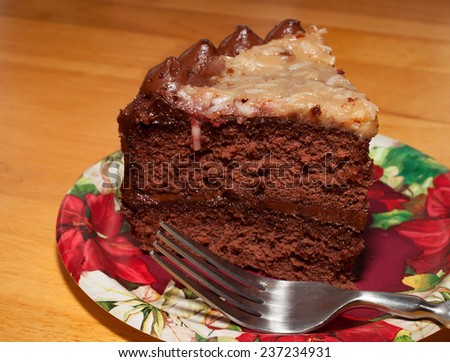 Chocolate cake on a holiday paper plate with a fork