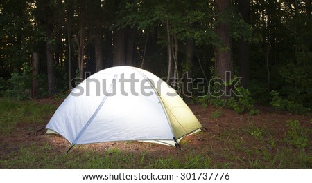 Light nylon tent that is pitched in a thick forest