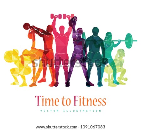 Fitness concept illustration of young people doing workout with equipment. Sport, gym concept. Vector illustration