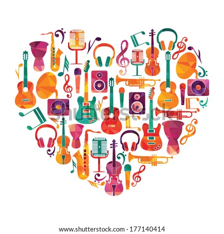 Love Music Heart Musical instruments on heart shape Love Music Heart Musical instruments on heart shape