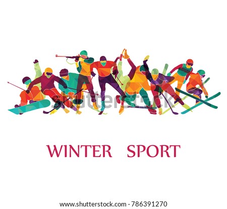 Color sport background. Winter olympic games. Hockey, biathlon, snowboarding, skating, ice skiing, Figure, freestyle. Vector illustration