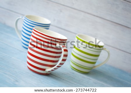 Colorful coffee mugs shot on an angle