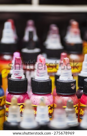 Bottles of colorful tattoo ink