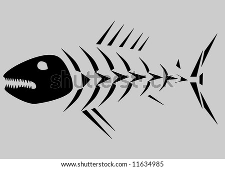 Black skeleton of fish isolated on grey background