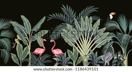 Tropical vintage wild animals, birds, palm tree, banana tree and plant floral seamless border black background. Exotic jungle wallpaper.