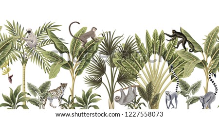 Tropical vintage wild animals, bird, palm tree, banana tree and plant floral seamless border white background. Exotic jungle wallpaper.