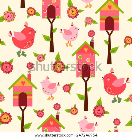 seamless pattern with cute birds and colorful houses for birds. vector illustration