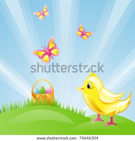 Holiday Easter: a chicken, eggs on a green grass.