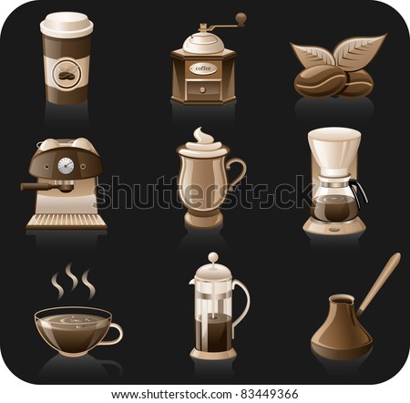 Coffee black background icon set.  Vector coffee icon set isolated on black background.