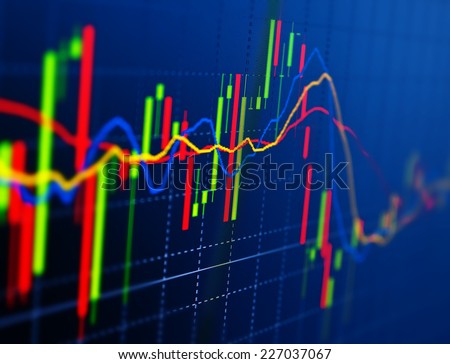 Stock exchange trade chart bar candles macro close-up. Background with stock diagram on monitor.