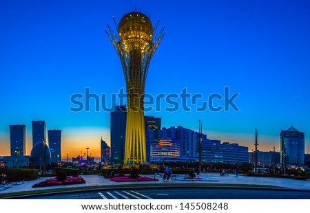 Astana, Kazakhstan - August 24: The Symbol Of Kazakhstan Baytirek View Of Backlit At Sunset, August 24, 2012, Astana, Kazakhstan