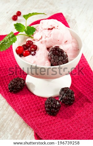 Pink homemade  cranberry fruit ice-cream with mint and blueberries in white porcelain bowl. Indoors closeup.