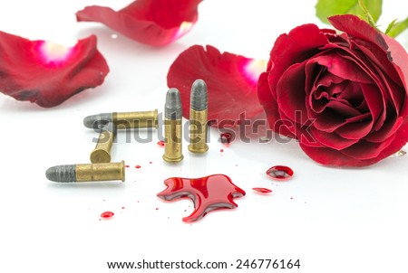 bullet on blood and red rose isolated on white background