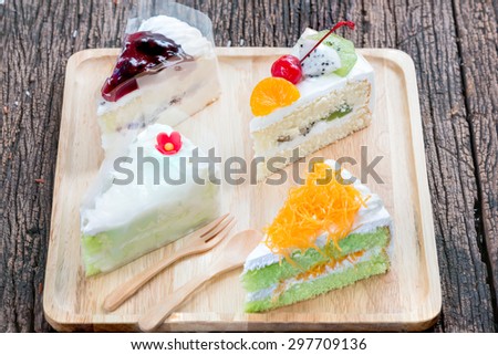 Pandan cake and egg threads, fruits cake, coconut cake and  Blueberry Cheesecake