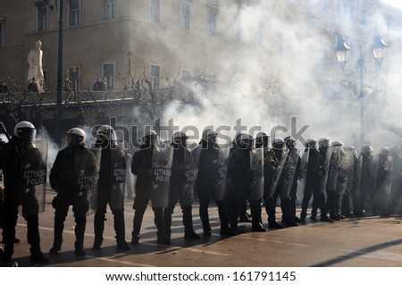 Athens, Greece -Dec. 12, 2008: Greek Riot Police Officers Protect The Parliament From Demonstrators In Athens, Greece, Dec. 12, 2008.