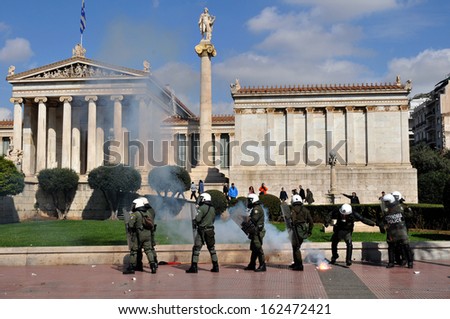 ATHENS, GREECE - MARCH 03. Riot police during clashes, in front of the Academy of Athens, March 03,2010.