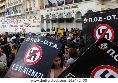 ATHENS, GREECE - SEPTEMBER 26. Students demonstrate against new Nazi and far-right Golden Dawn party, in Syntagma Square central Athens, September 26, 2013.