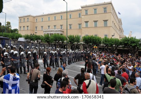 ATHENS, GREECE -JUNE 15. Protesters in front of Greek Parliament. during demonstration , in Athens, June 15, 2011.