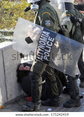 ATHENS, GREECE-March 11 Riot police arresting demonstrator. in the centre of Athens, December 10,2008.