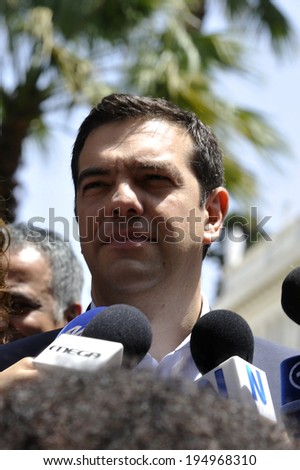 ATHENS-GREECE MAY 26, 2014. Leader of the left-wing Syriza party Alexis Tsipras, Greek winner of European elections 2014, after his meeting with Greek President, , in Athens, May 26, 2014.