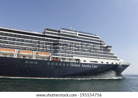 PIRAEUS, GREECE -MAY 27, 2014 Nieuw Amsterdam is a Signature class cruise ship for Holland America Line, departs from Piraeus. Ship was built in 2010 and has a capacity of 2106 passengers and 929 crew