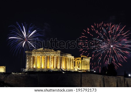 Fireworks over the Parthenon temple of Athens  for New Year celebration