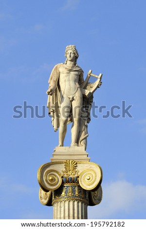 Marble statue of the Greek god Apollo on Ionic column