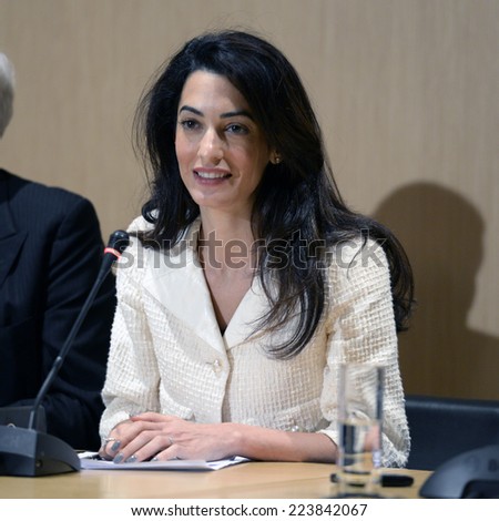 Athens, Greece, October 15,2014. Lawyer Amal Clooney during a press conference at the Acropolis Museum on the return of the Parthenon Marbles from England back to Greece and the reunification of them