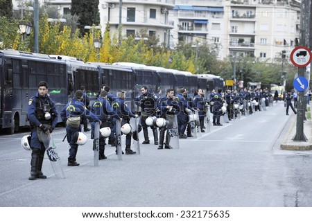 ATHENS, -NOV. 17.2014 Riot police officers protect the Embassy of the United States, during a protest commemorating the student uprising against military dictatorship in 1973 in Athens, Nov. 17, 2014.