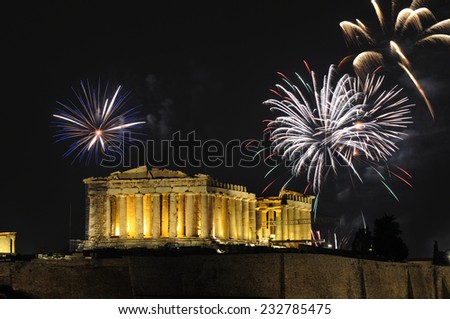 Fireworks over the Parthenon temple on the Acropolis of Athens for New Year celebration