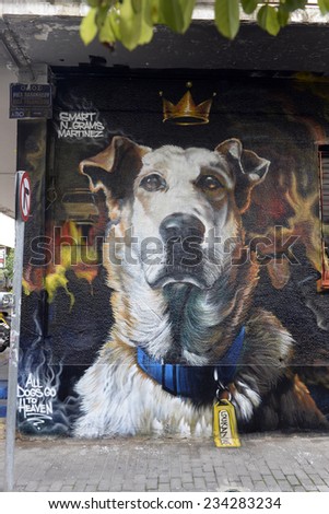Athens Greece November 19, 2014. Graffiti with the famous stray dog named \'Loukanikos\' in a street of Athens. Loukanikos became famous because he is friend of demonstrators and he barks at riot police