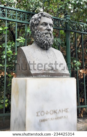 Athens Greece February 25, 2014. Statue of the ancient Greek poet Sophocles in front of the national garden in central Athens.