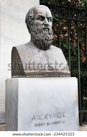 Athens Greece February 25, 2014. Statue of the ancient Greek poet Aeschylus in front of the national garden in central Athens.