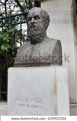 Athens Greece February 25, 2014. Statue of the ancient Greek poet Aeschylus in front of the national garden in central Athens.