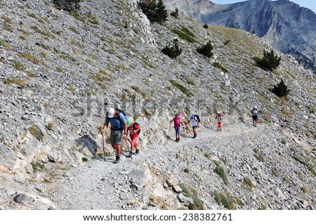 Olympus, Greece, August 8, 2012. The ascent to the top of Mount Olympus is possible and safe for the whole family during the summer (July, Aug. Sept.)